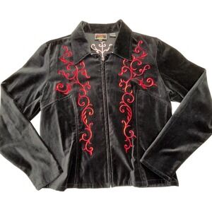 Studio West Black Velvet Western Shirt Red Embroidery Womens L Rodeo Rockabilly